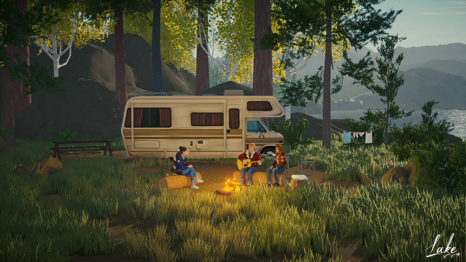 In a forest next to a lake, a group of three friends are sitting next to a campfire, in front of a camping car. One of them is playing guitar while the other two listen, sitting on wood logs