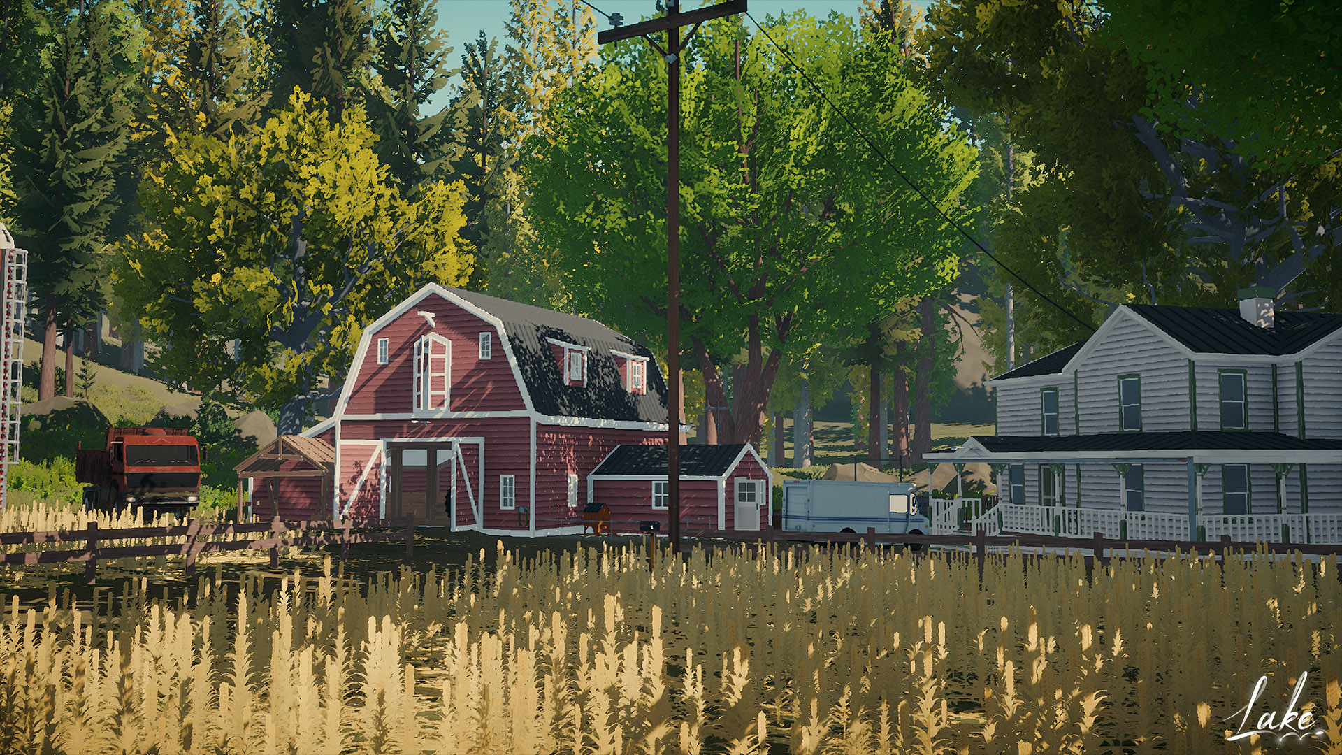 A red farm in the forest, with a red truck next to it, hidden behind a field of wheat 