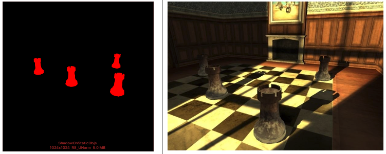 The left side of the image shows chess pieces rendered to a texture with the replacement shader. And, on the right, projected shadows use the rendered texture.