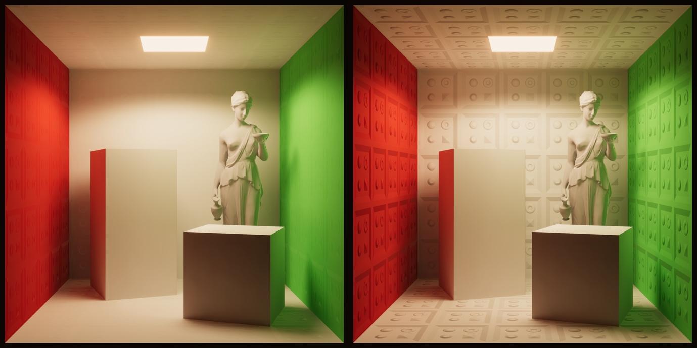Non-directional lightmaps with a baked light (left) vs Directional lightmaps with a baked light (right): Non-directional lightmaps lack the directionality of incoming light, which provides a good representation of relief when using normal maps.