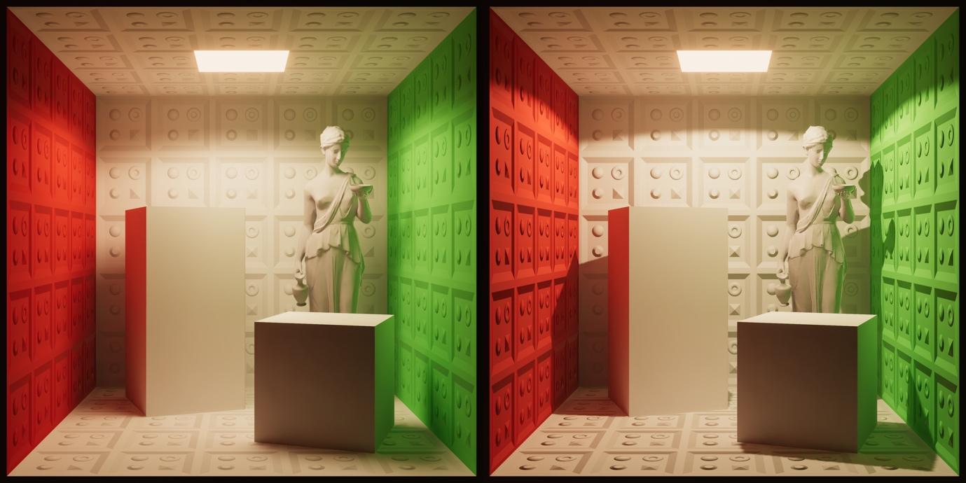 Directional lightmaps illuminated by a Baked spotlight (left) vs Directional lightmaps illuminated by a Mixed spotlight (right): Notice the improved contrast in the normal maps in the scene lit by the Mixed light.