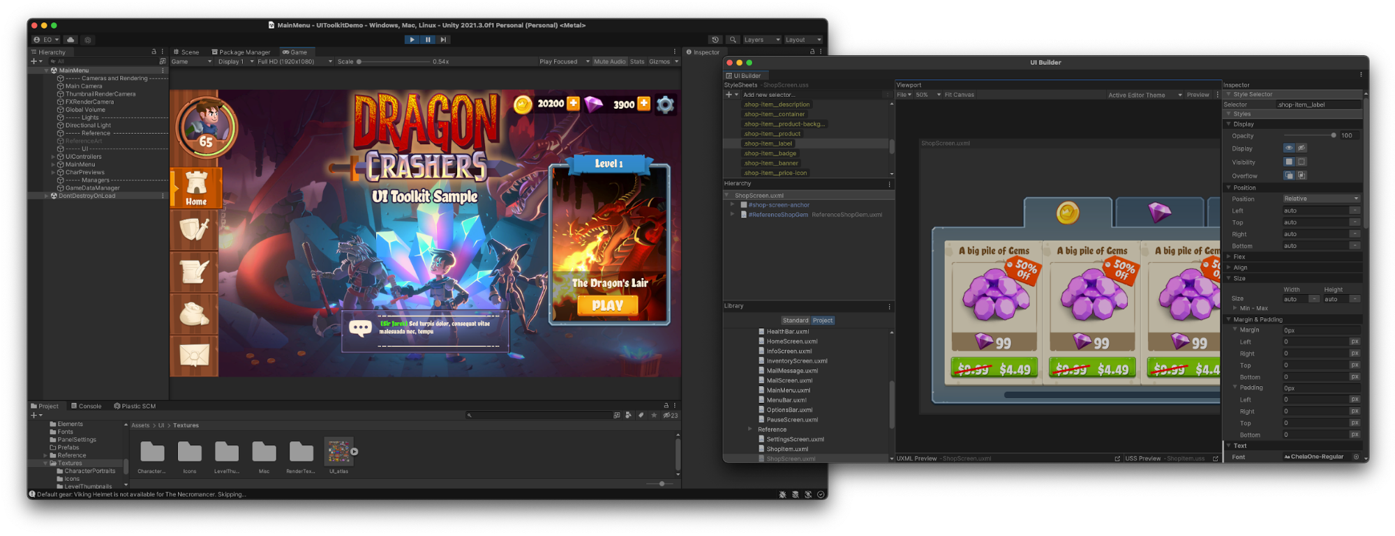 Wireframe view of UI Toolkit demo project, Dragon Crashers
