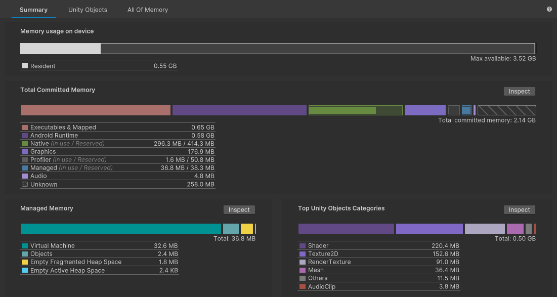 The Summary tab provides an overview of total memory used. The Unity Objects tab shows any Unity objects that use memory, while the All of Memory tab displays a breakdown of all the memory in the snapshot that Unity tracks.