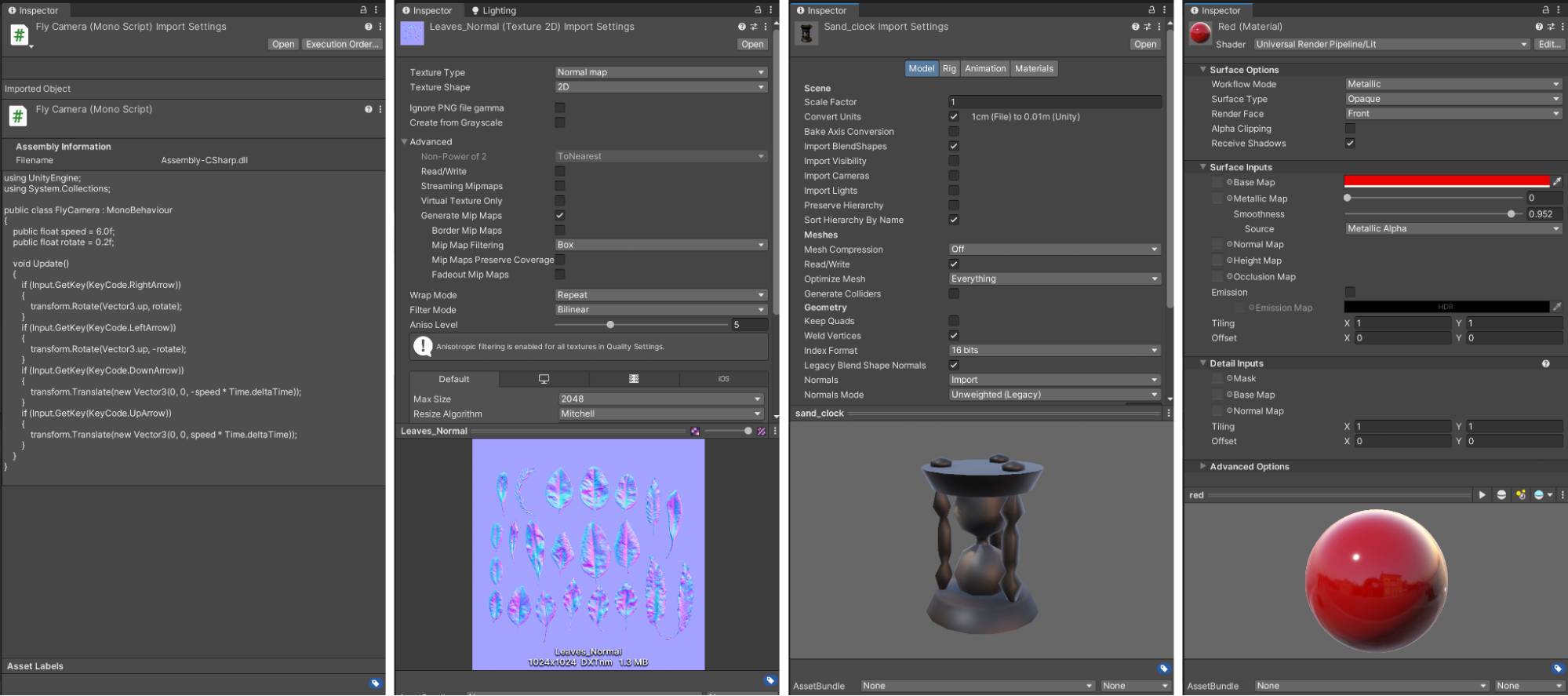 Previsualization and settings for different asset types in the Inspector: C# script, texture, FBX asset, and material