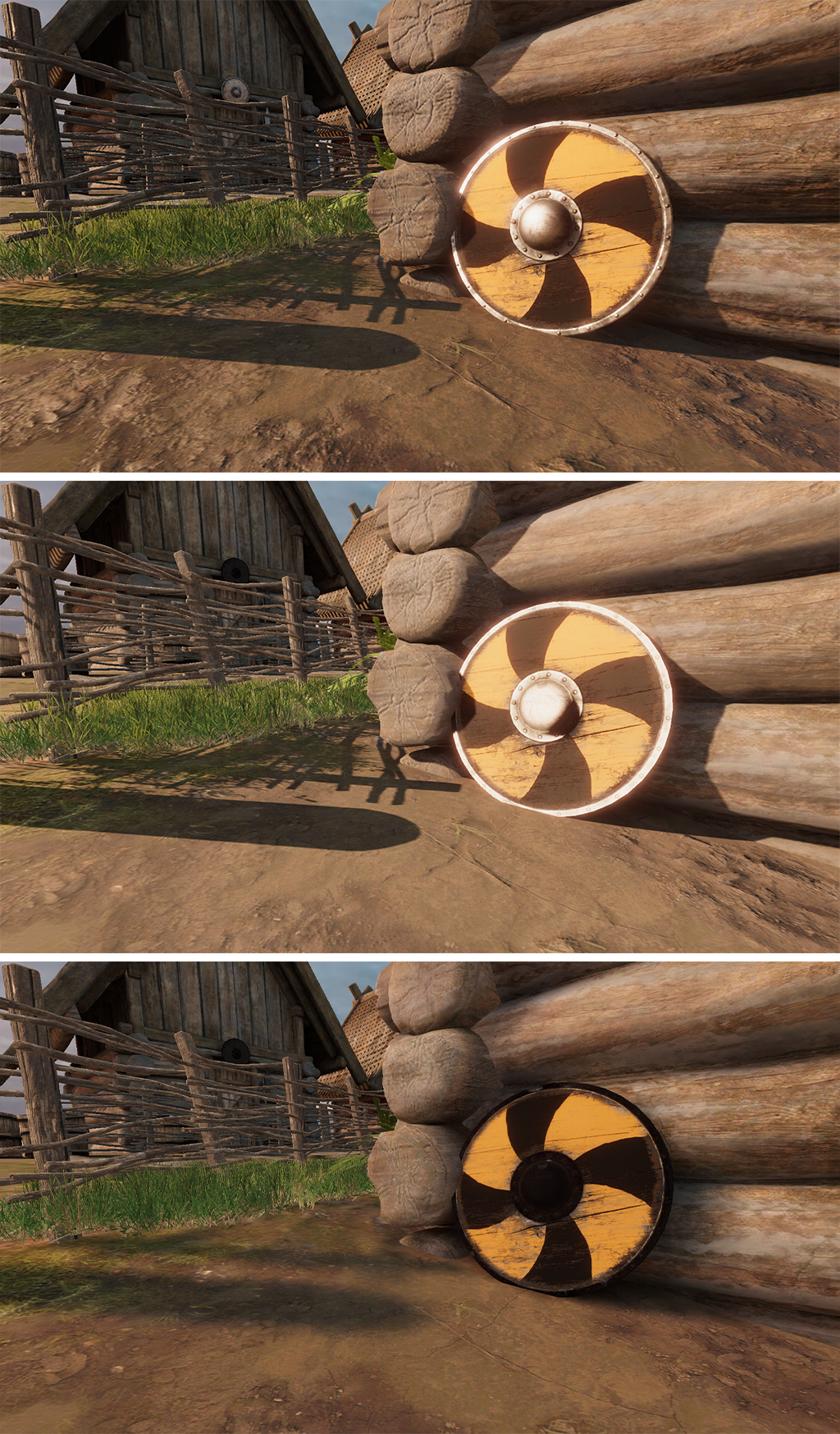 The same scene as Unity renders it with Lit shaders (top), Simple Lit shaders (middle) and Baked Lit shaders (bottom)
