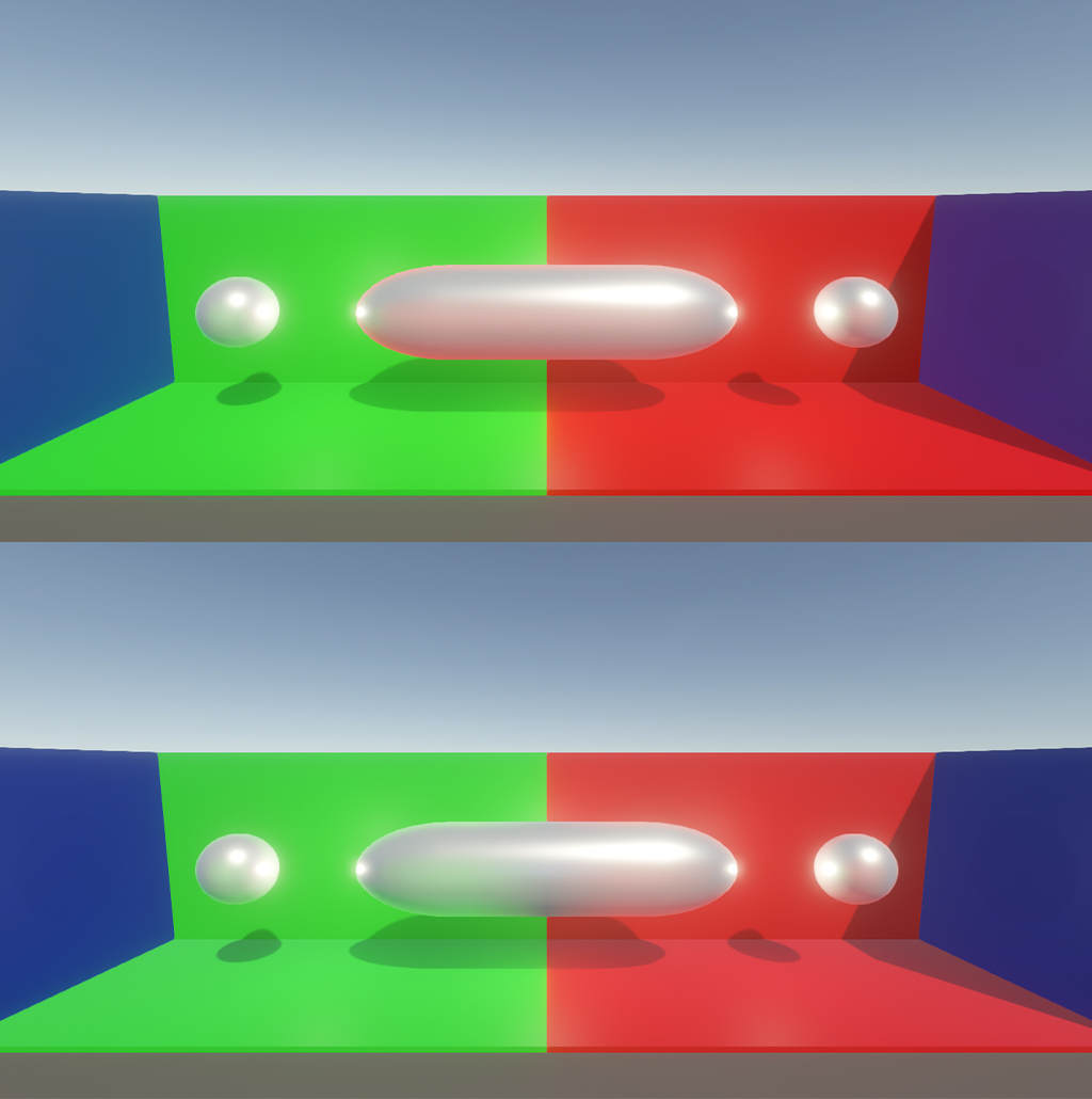 In the top image, URP does not use reflection blending, so the capsule in the middle only receives a red tint from the probe to the right. In the bottom image, URP uses reflection blending, which means that the capsule receives green and red tints from both probes.