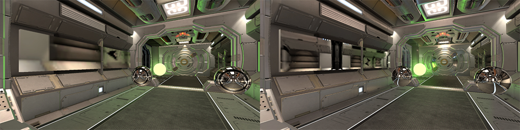 The image on the left has no Box Projection, whereas the image on the right shows Box Reflection when active, which results in more realistic reflection results based on the enclosed environment.