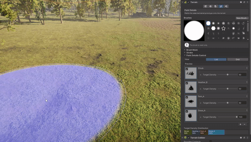 Simultaneously scattering multiple types of details with the Paint Detail brush in Terrain Tools