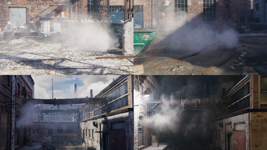 Same smoke effect under different lighting conditions – top left: directional light and ambient; top right: ambient, probe volumes and directional light; bottom left: ambient and probes; and, bottom right: spot light and probes