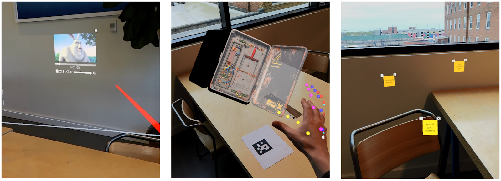 Example prototypes from the Unity Development for Magic Leap 2 course, including a wall-mounted media player, a model viewer with hand and marker tracking, and a sticky note tool.