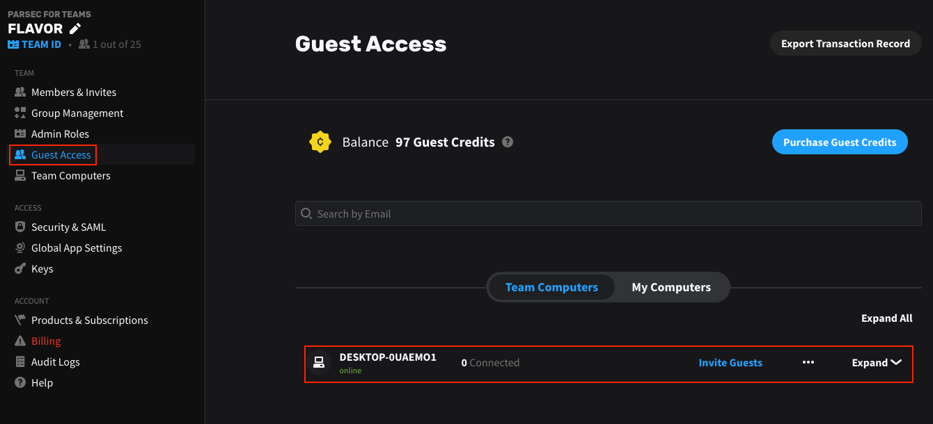 Visual of the Guest Access tab within Parsec for Teams