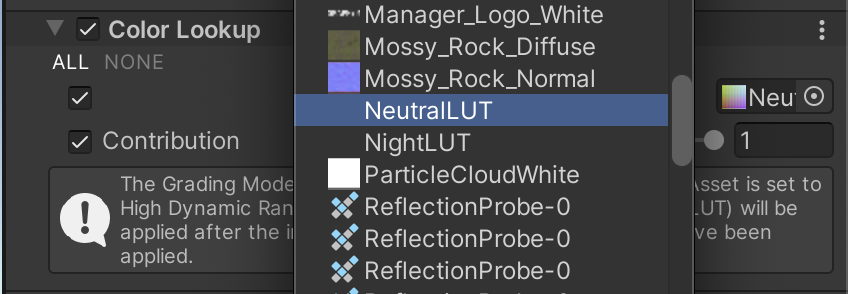 Editor capture showing “NeutralLUT” selected within the Color Lookup panel