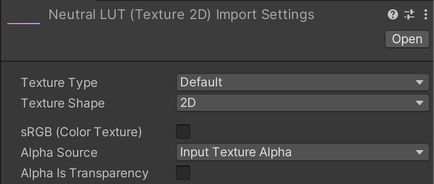 Editor capture showing “sRGB (Color Texture)” not selected with the Neutral LUT (Texture 2D) Import Settings, disabling it for all LUT textures