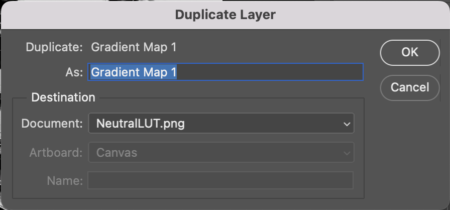 Duplicate Layer window in Editor showing “As:” row with “Gradient Map 1” text highlighted