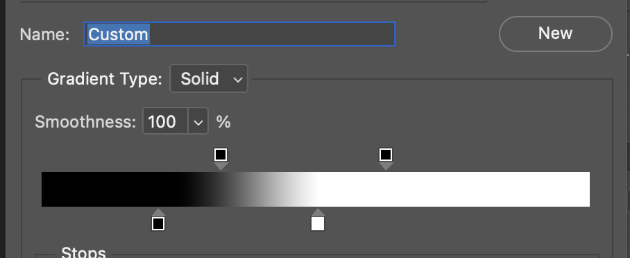Capture of the customization window for gradients within Gradient Map; stops are displayed to show how developers can make adjustments