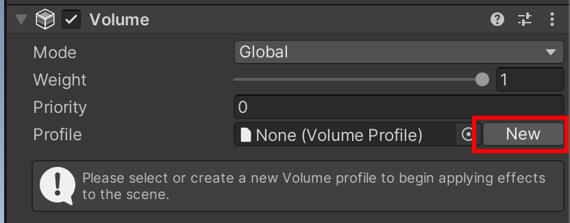 “New” selected in red box within capture of Volume view in Editor
