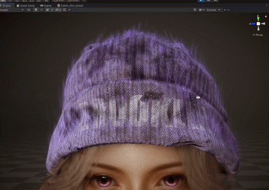 GIF that starts close in on VFX character’s knit hat within the Unity Editor and zooms out to show full face and hair (source: Sakura Rabbit)