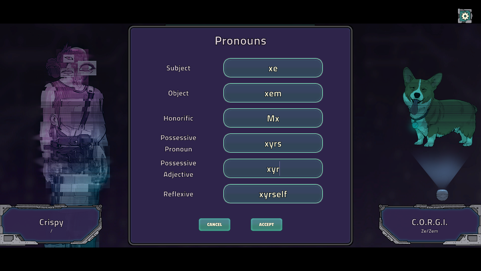 View of the pronouns window, which shows customization options for various characters in Crispy Creative's A Long Journey to an Uncertain End
