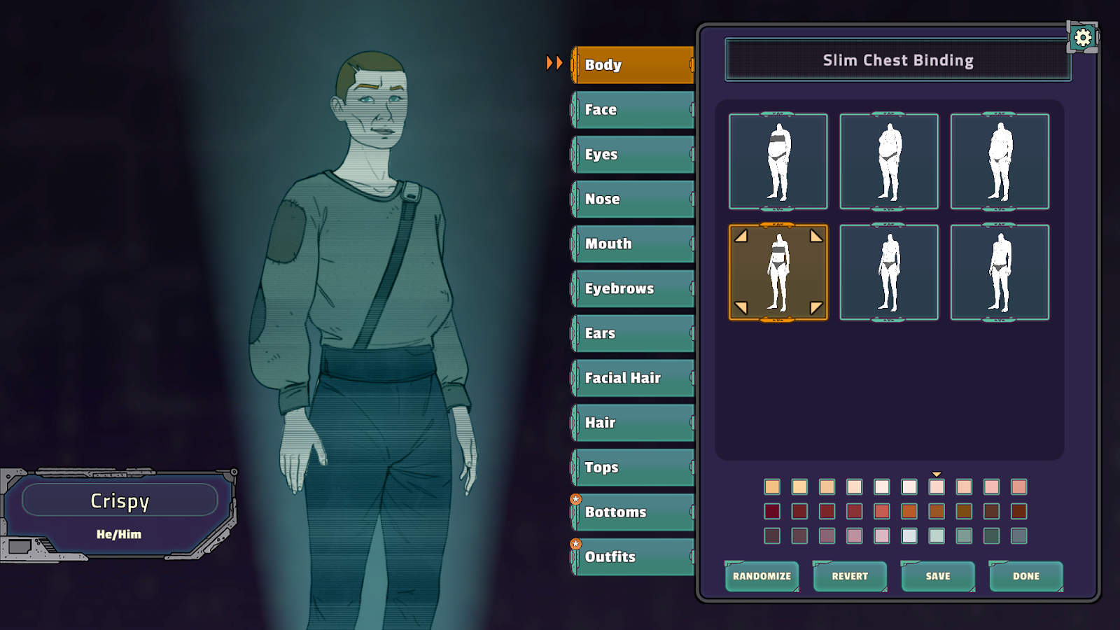 View of character customization window, showing various body type options for characters in Crispy Creative's A Long Journey to an Uncertain End