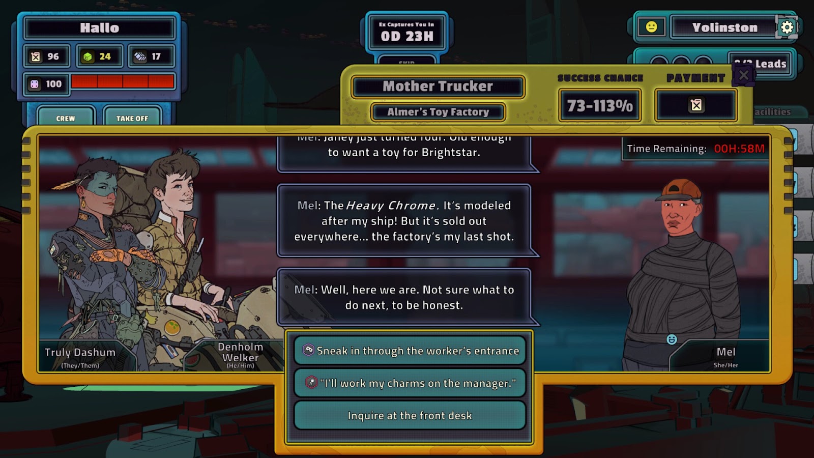View of gameplay window in Crispy Creative's A Long Journey to an Uncertain End, depicting ways the cast becomes involved in problem solving through unique character skills