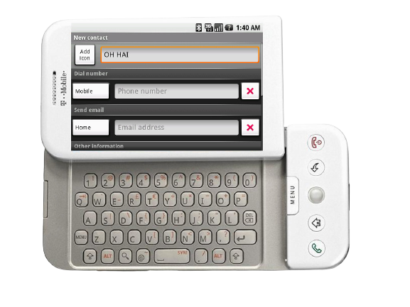 The T-Mobile G1, the first phone manufactured by Android running on 3G.