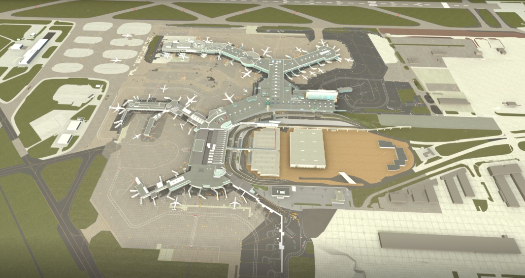 Digital twin rendering of the exterior of YVR from an aerial perspective.
