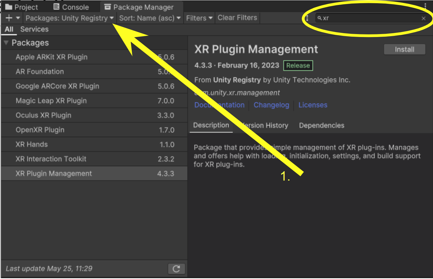 In the Package Manager window, click the Install button to install the XR Plug-in Management package.