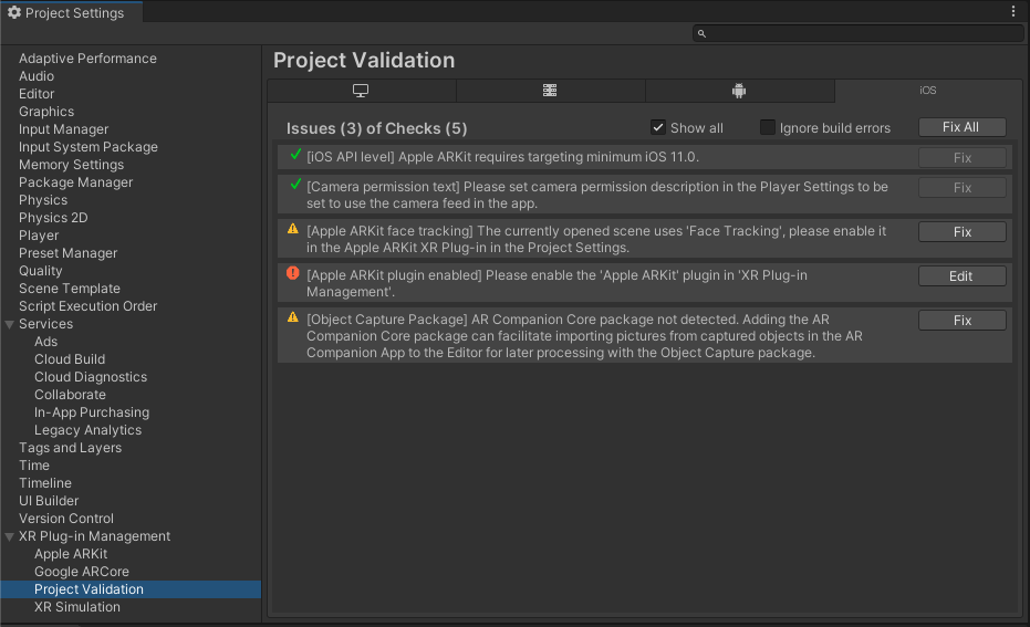 In the Project Validation window, click either the Fix button next to the issue you want fixed, or the Fix All button to address all issues found.