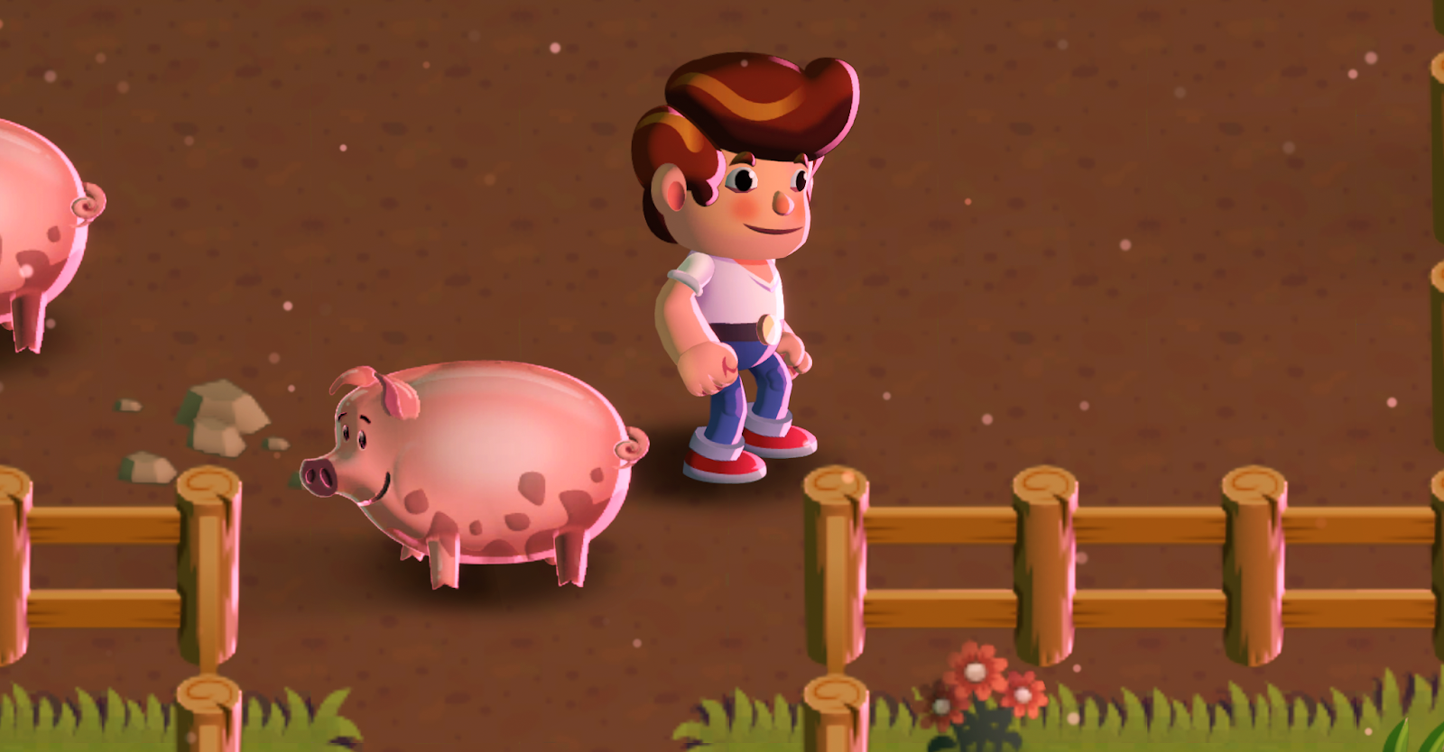 The main character with his pigs in Happy Harvest