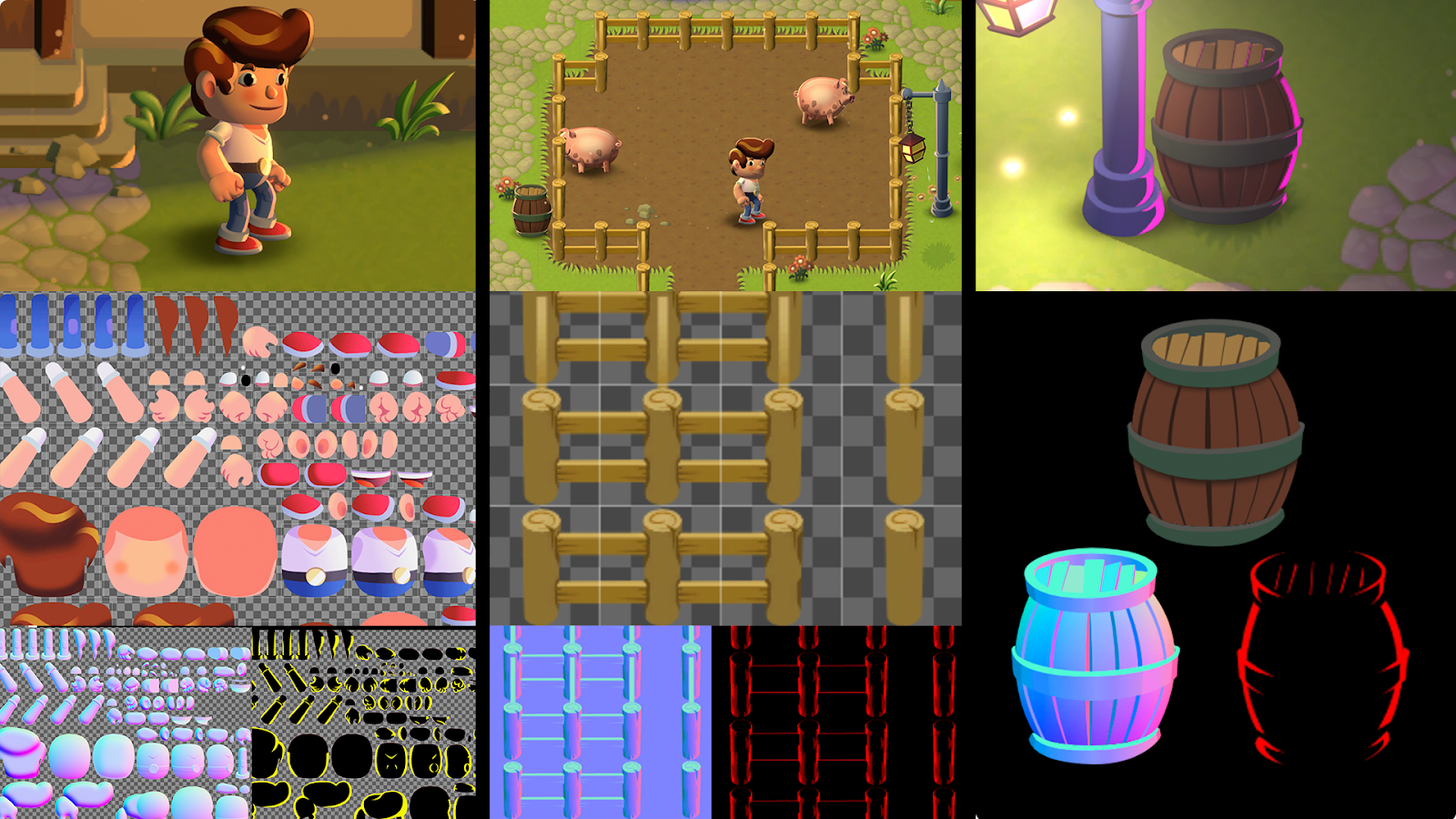 How different asset types are made and their normal and mask maps, from left to right: A skeletal animated character, a tileable sprite, and a prop