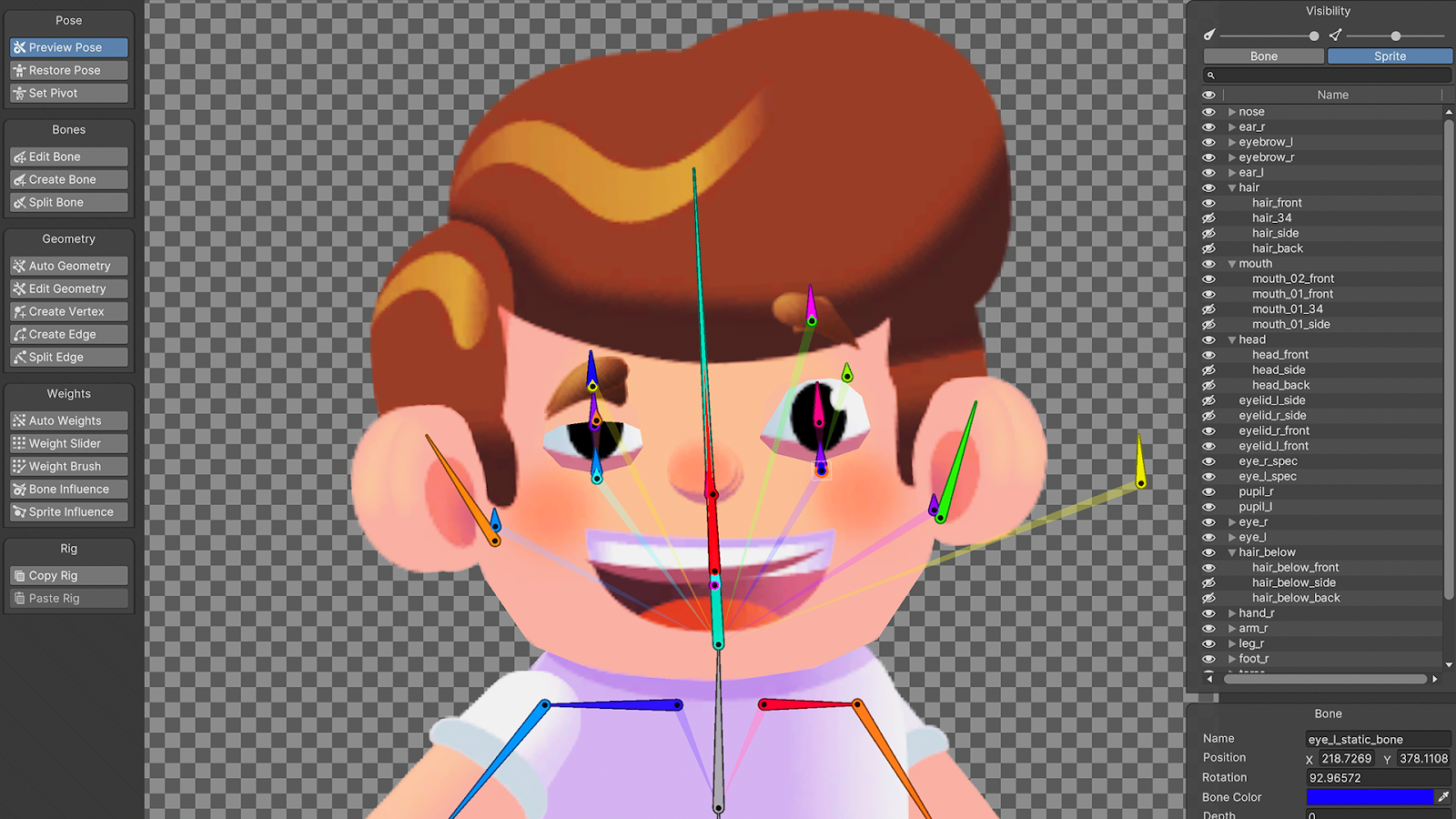 The facial rigging enables full control of expressions, including the creation of a semi-tridimensional effect in some animations.