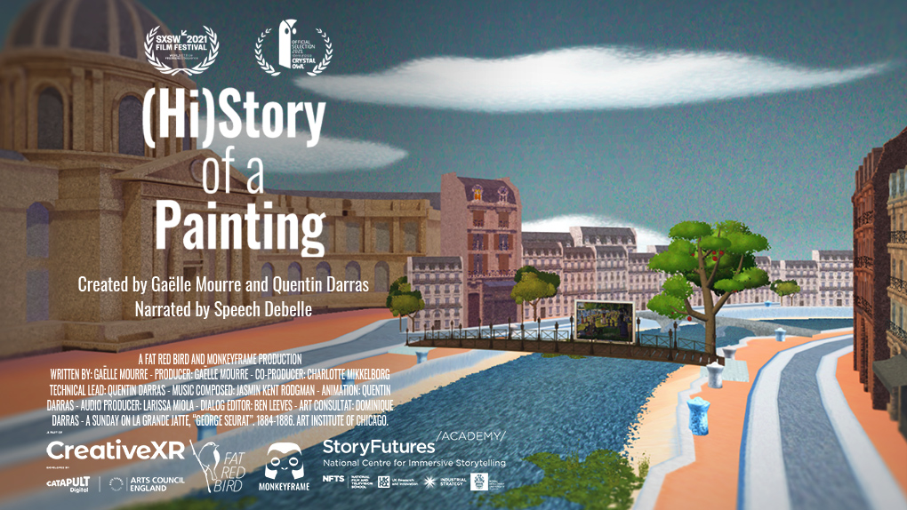 Poster for VR experience (Hi)Story of a Painting, featuring a view of the Seine in Paris with buildings on either side, rendered in a pointillist style