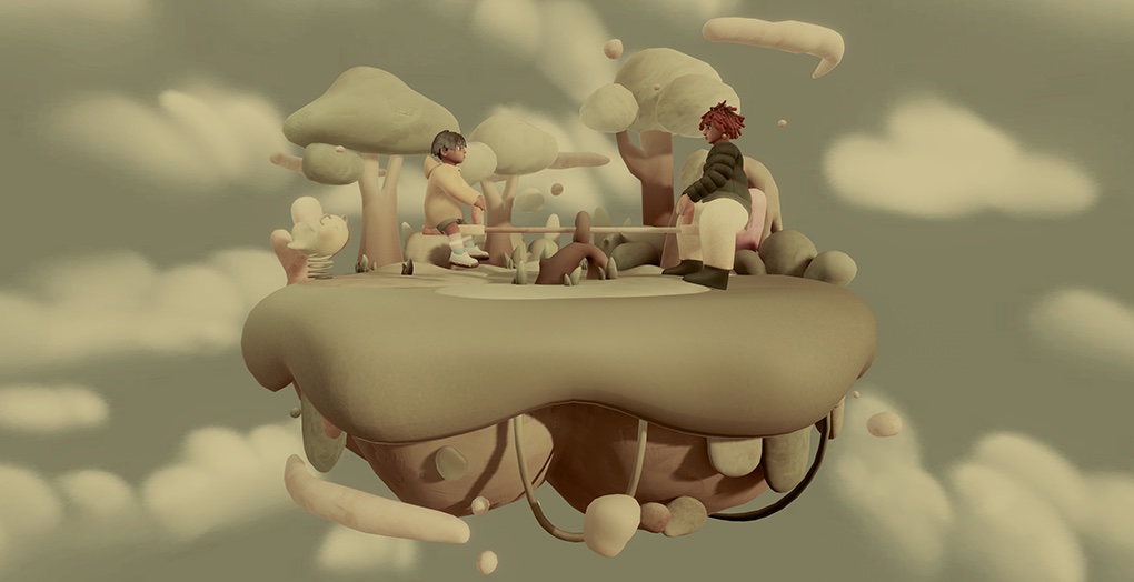 Animation of a young child and an adult sitting on a see-saw, floating on a cloud, as featured in the VR experience Kindred