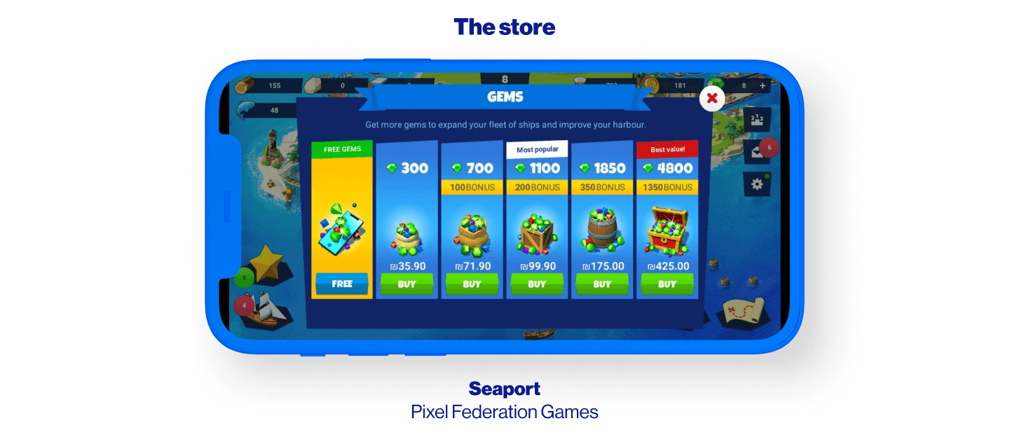 Example of in-game store offerwall from Pixel Federation Games’s Seaport