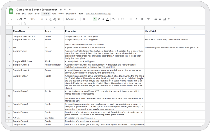 Spreadsheet view of ideation template for game ideas