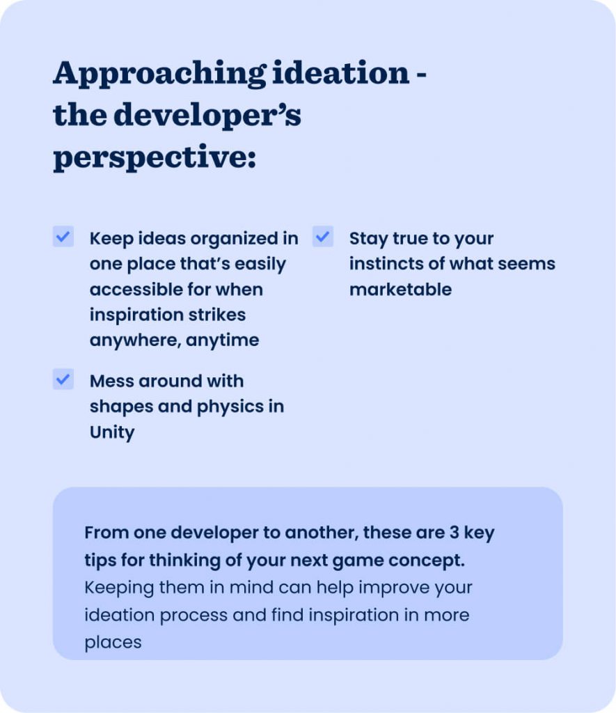 Visual representation of Carlton Forrester's tips titled "Approaching ideation – the developer's perspective".