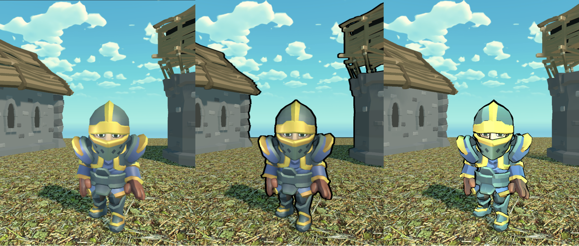 One scene, three different looks: Standard shading (left), with post-processing (center), and per-material shading (right)