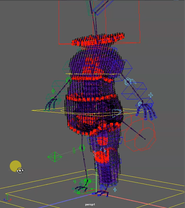Active rig of character body being rotated clockwise by mouse clicks and showing simulation components
