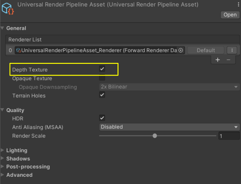View of the Universal Render Pipeline Asset window in the Unity Editor, showing how to find the Depth Texture option