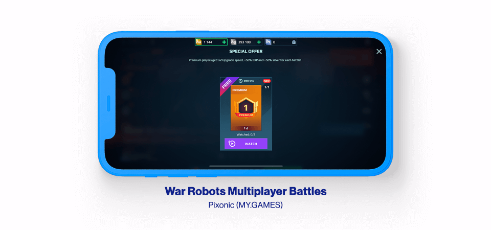 水平數字智能手機顯示 Pixonic 遊戲《戰爭機器人》的屏幕截圖。