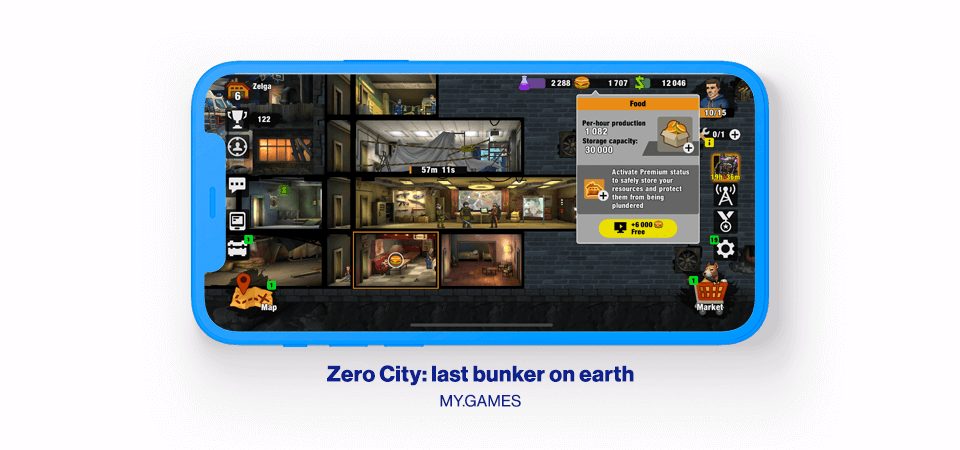 Horizontal digital smartphone showing a screenshot from game Zero City by MY.GAMES.