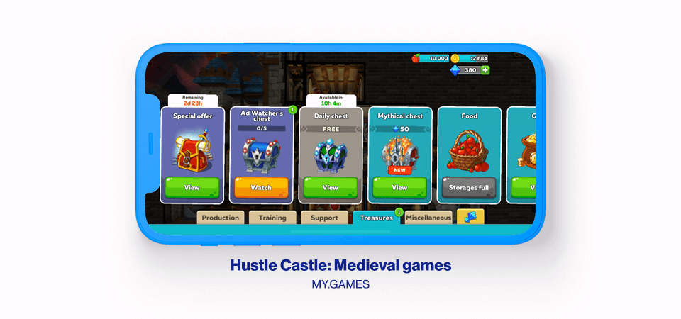 Horizontal digital smartphone showing a screenshot from game Hustle Castle by MY.GAMES.