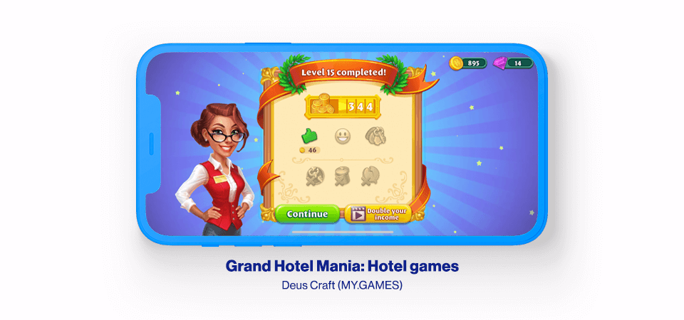 Horizontal digital smartphone showing a screenshot from game Grand Hotel Mania by Deus Craft/DCGamePub Limited.