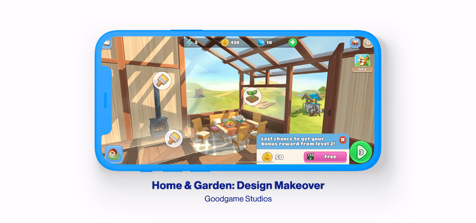 Horizontal digital smartphone showing a screenshot from game Home & Garden: Design Makeover by Goodgame Studios.