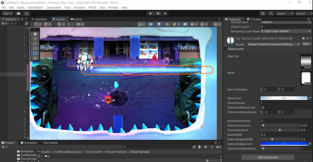 Unity Editor view of adjustments to the ice beam effect in Evil Wizard. (Rubber Duck Games)