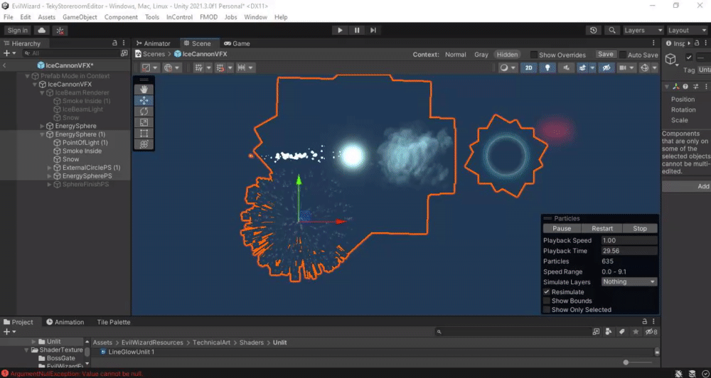 Unity Editor view of the ice sphere created to be the casting point for the ice beam effect in Evil Wizard. (Rubber Duck Games)