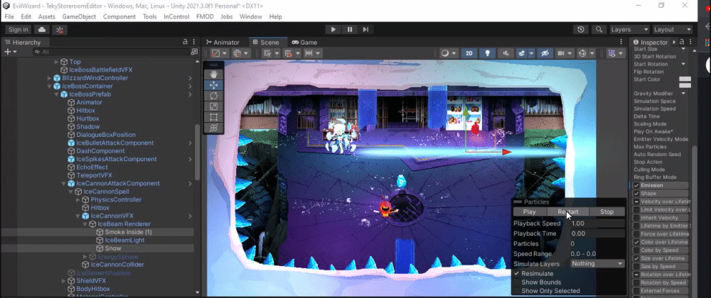 Unity Editor view of the creation of particles integrated along the ice beam effect in Evil Wizard. (Rubber Duck Games)