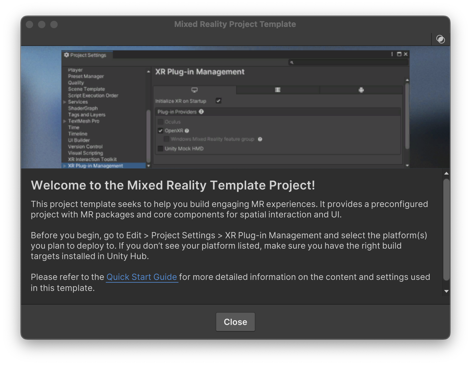 Preview of the new mixed reality template “getting started” screen.