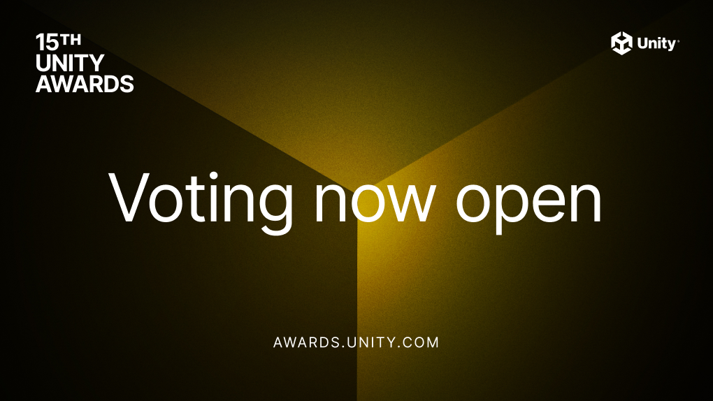 Image of golden cube fading to black with “Voting now open” overlay for the 15th Unity Awards