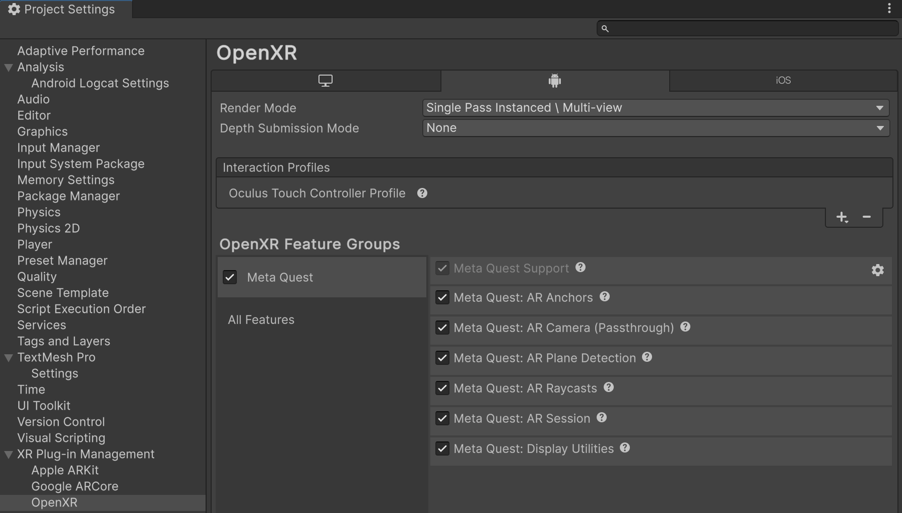 Unity Editor Project Settings menu. Single Pass Instanced\Multi-view, Oculus Touch Controller Profile, and the Meta Quest feature group are selected in the Android tab in the OpenXR section of the XR Plug-in Management heading.